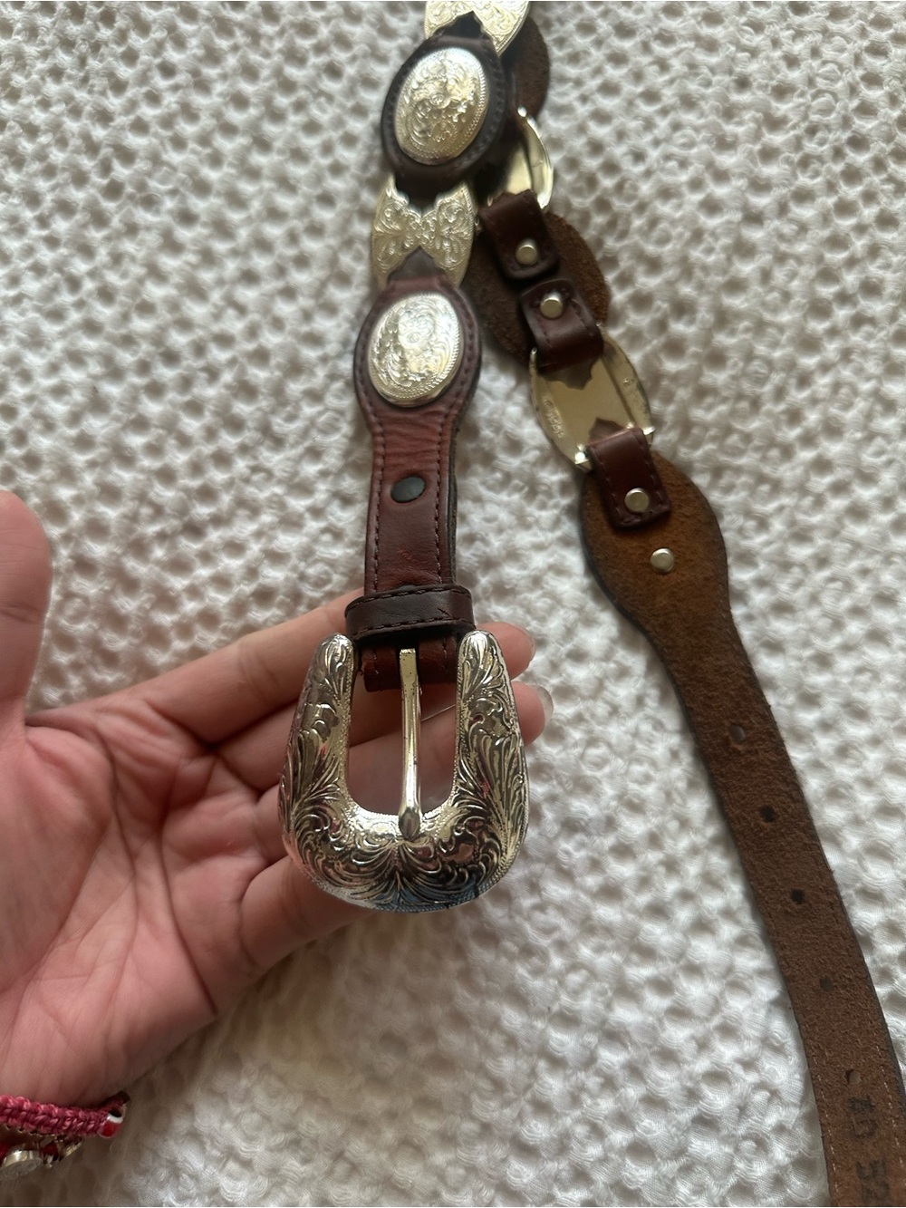 Western-Style Brown Leather Belt with Ornate Silver Buckle
